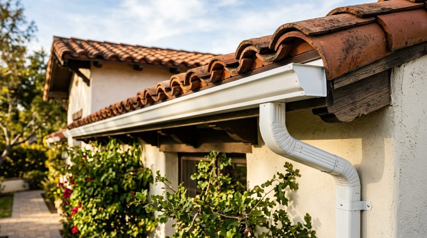Seamless aluminum gutter and downspout on a tile-roofed home