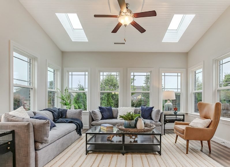 Skylights over a family room seating area