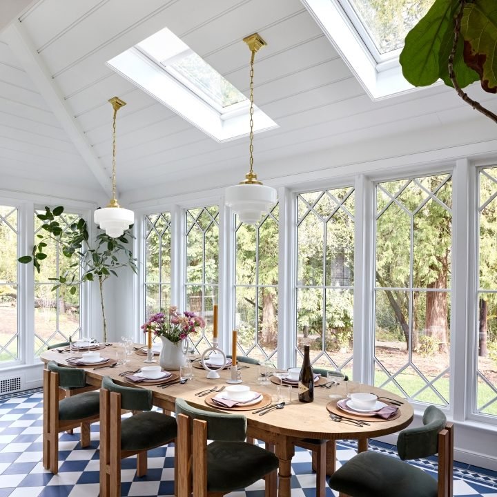 Fixed skylights over a dining room